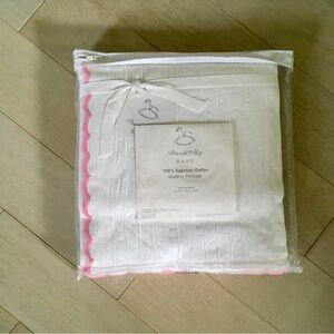 Peacock Alley White Baby Blanket with Pink Scalloped Edge